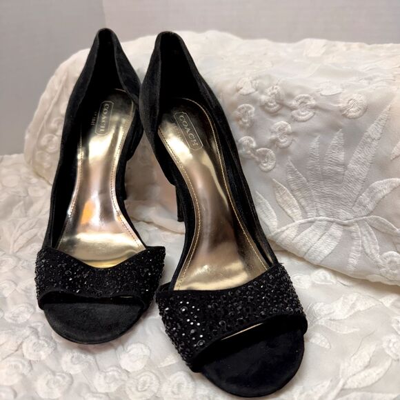 Coach Black Sz 8 L Stiletto Lytton Suede/Sparkly Party Glam Heel - Picture 2 of 13